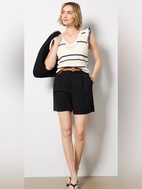 Evereve Elodie Tank Sweater Vest Size Medium Black/Ivory Stripe Crochet